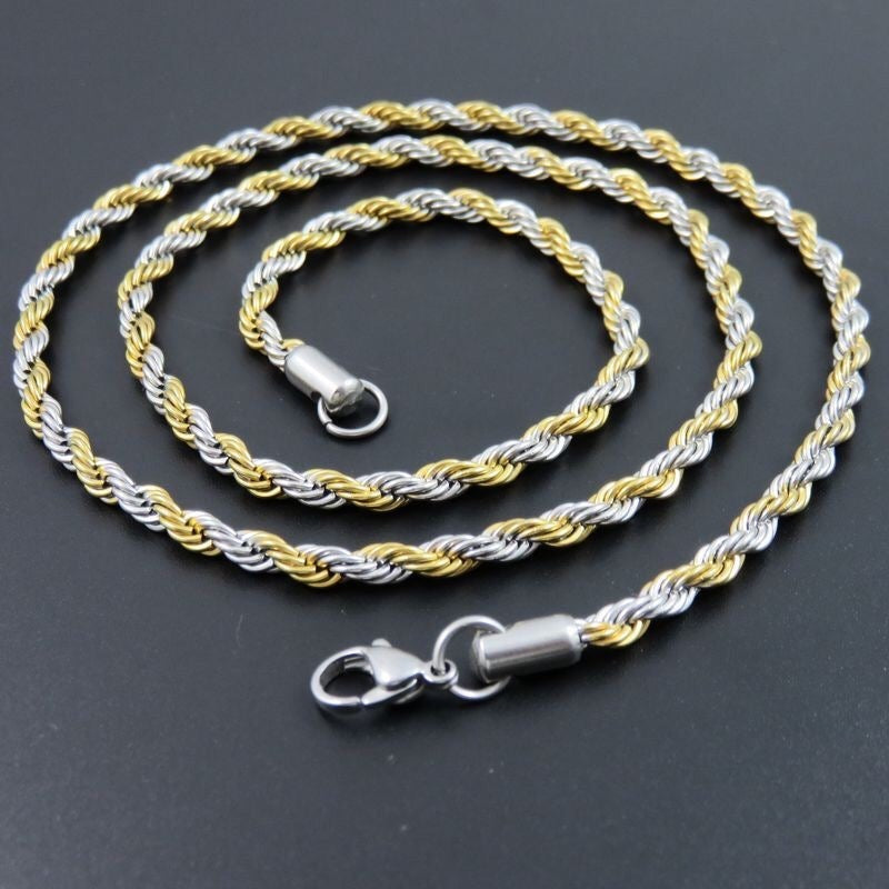 A stylish stainless steel rope necklace available in various sizes, showcasing its elegant twist design.