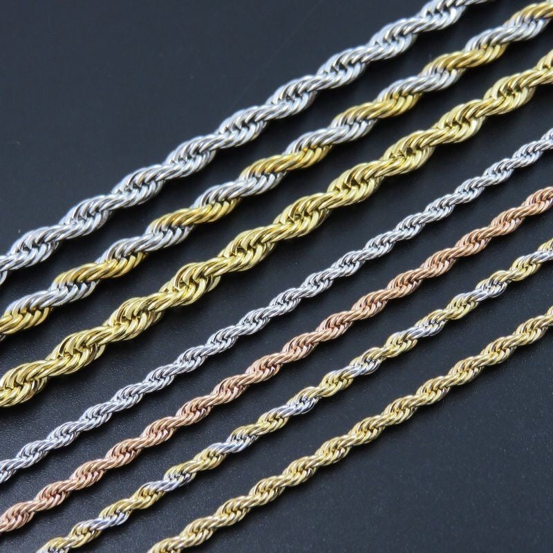 A stylish stainless steel rope necklace available in various sizes, showcasing its elegant twist design.