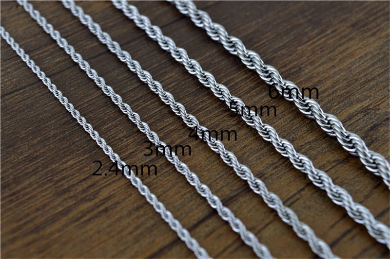 A stylish stainless steel rope necklace available in various sizes, showcasing its elegant twist design.