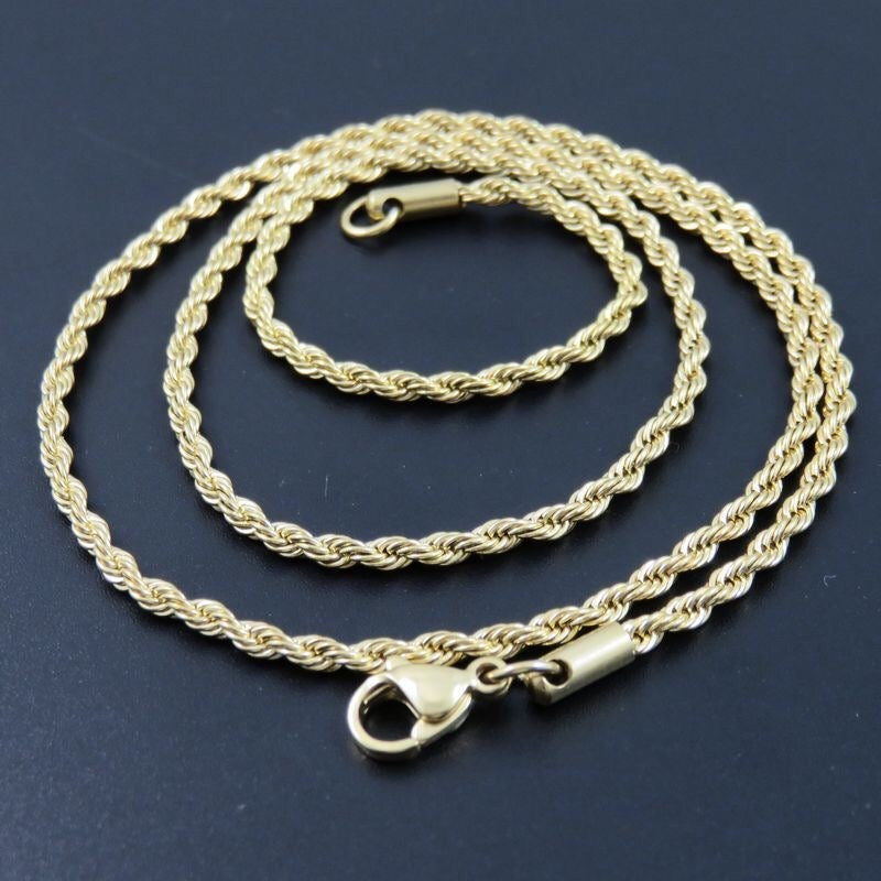 A stylish stainless steel rope necklace available in various sizes, showcasing its elegant twist design.