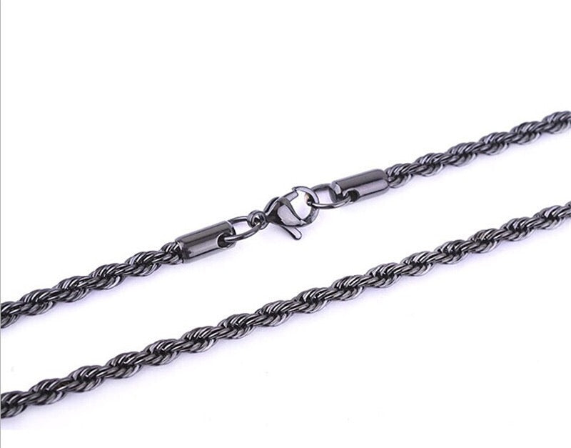 A stylish stainless steel rope necklace available in various sizes, showcasing its elegant twist design.