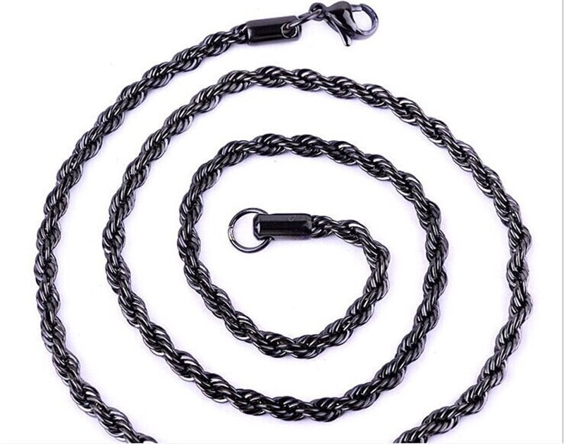 A stylish stainless steel rope necklace available in various sizes, showcasing its elegant twist design.