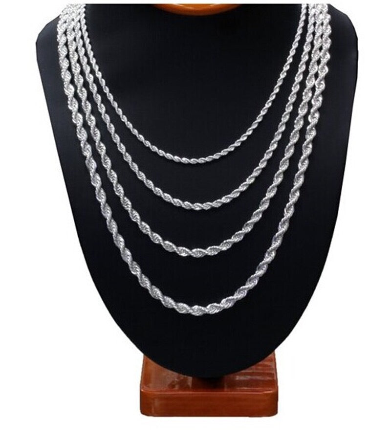 A stylish stainless steel rope necklace available in various sizes, showcasing its elegant twist design.