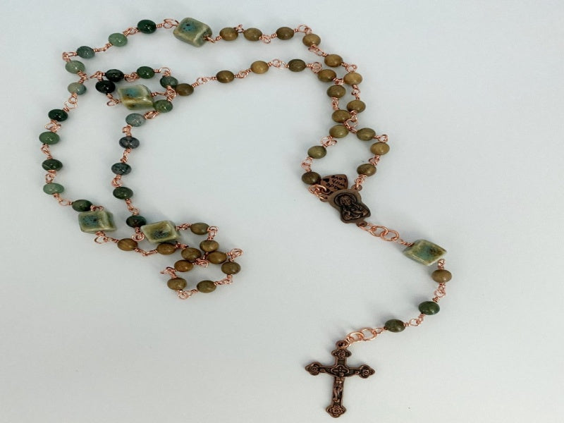 Copper Wrapped Agate Rosary featuring moss agate beads, green sandalwood, and a copper medallion and cross.