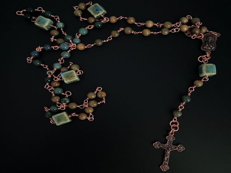 Copper Wrapped Agate Rosary featuring moss agate beads, green sandalwood, and a copper medallion and cross.