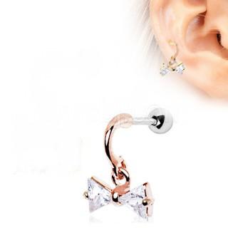 Rose Gold Art of Brilliance Take a Bow Cartilage Earring featuring a chic bow tie design and clear CZ stones.