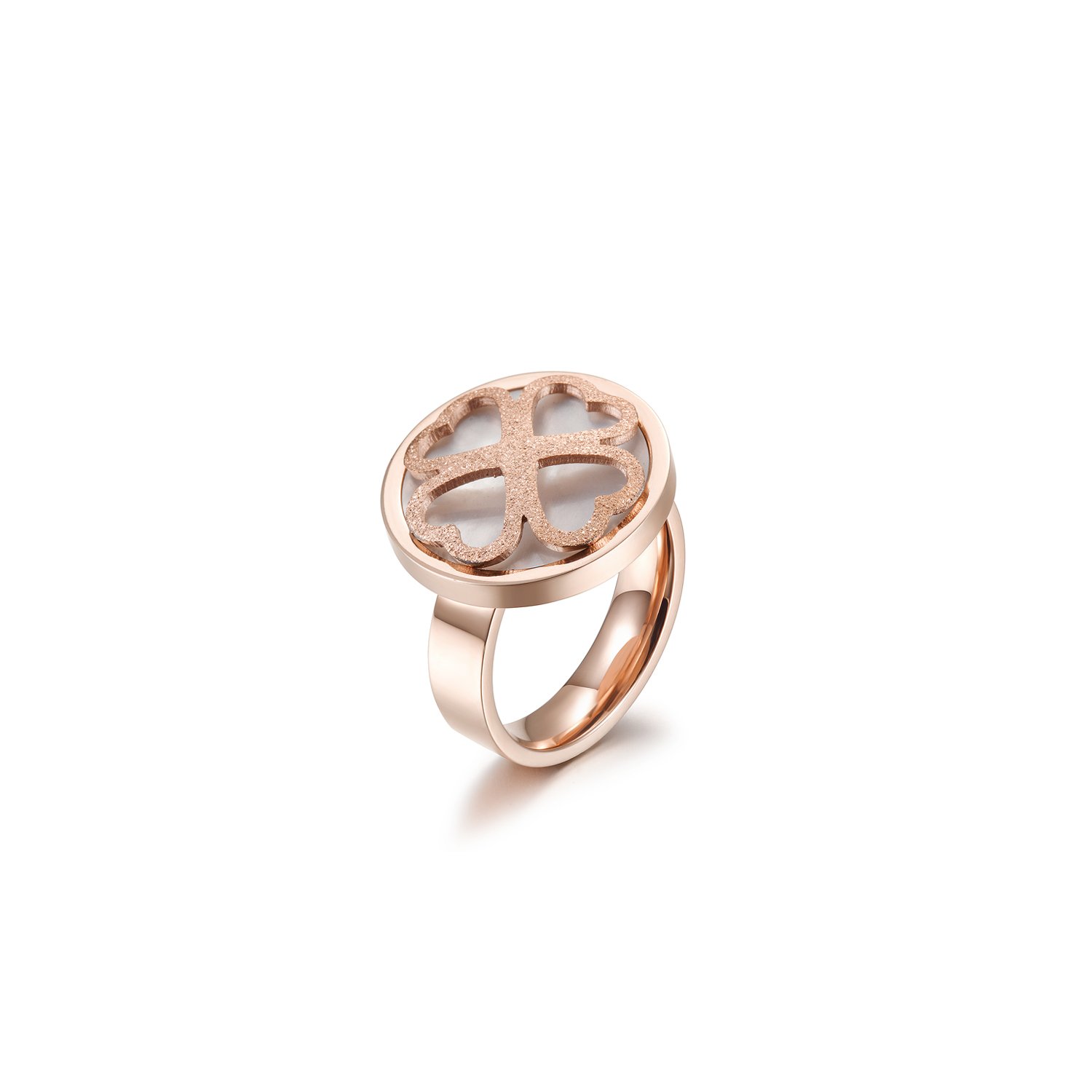 A stunning rose gold clover ring featuring four heart shapes, symbolizing love and good fortune, elegantly displayed in a gift box.