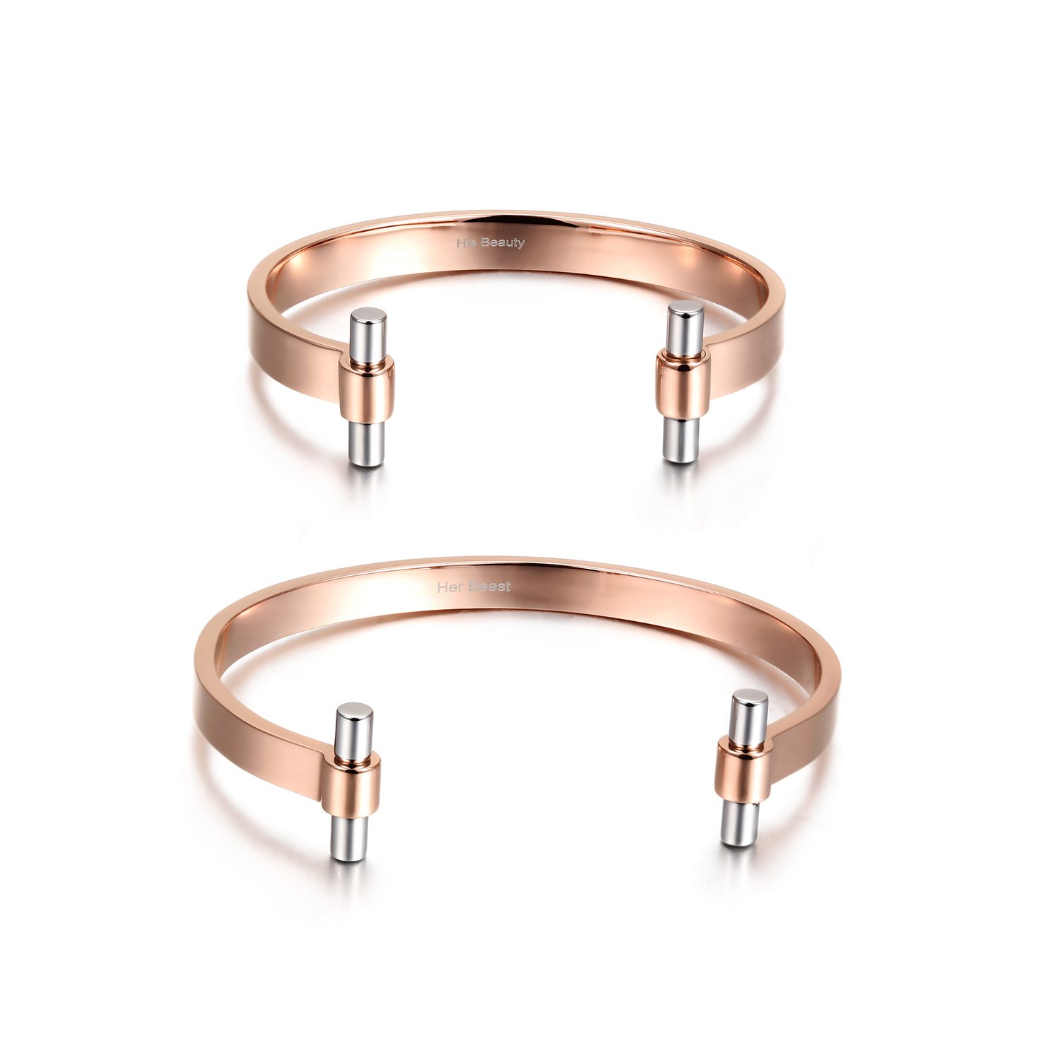 Rose Gold Love Couple Cuff made from surgical stainless steel with a luxurious finish, perfect for couples.