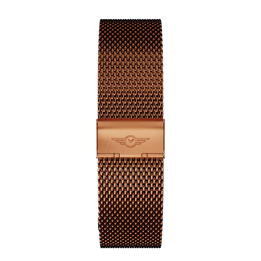 Rose Gold Mesh Strap made from 316L stainless steel, featuring a sleek design and adjustable length.