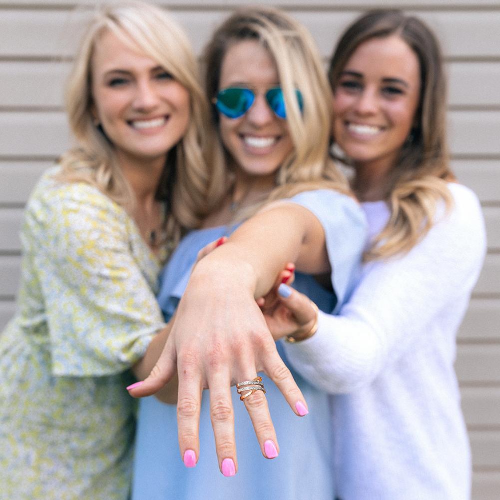 Rose Gold Wide Band Cocktail Ring featuring sparkling cubic zirconia stones, crafted from hypoallergenic stainless steel.