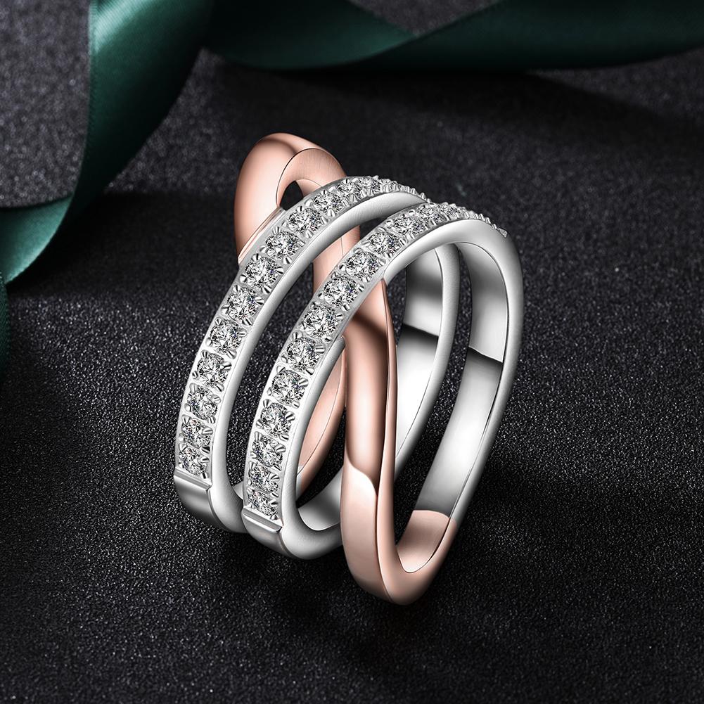 Rose Gold Wide Band Cocktail Ring featuring sparkling cubic zirconia stones, crafted from hypoallergenic stainless steel.