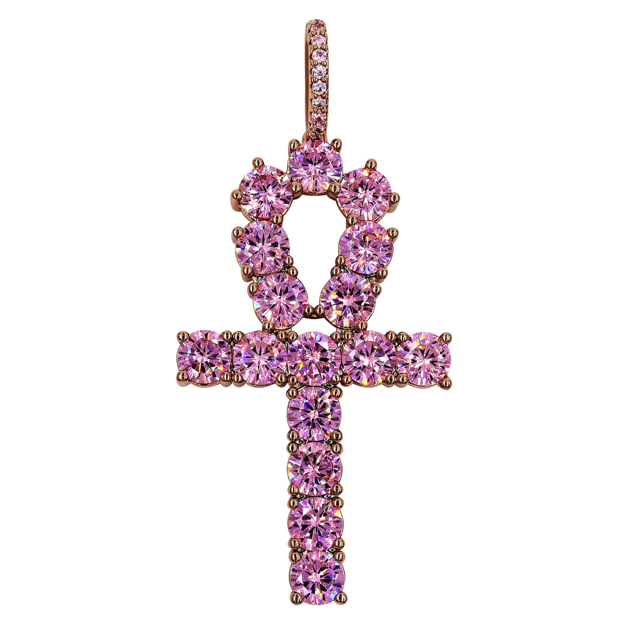 Rose gold ankh pendant featuring a pink stone, symbolizing life and beauty, elegantly designed for stylish wear.