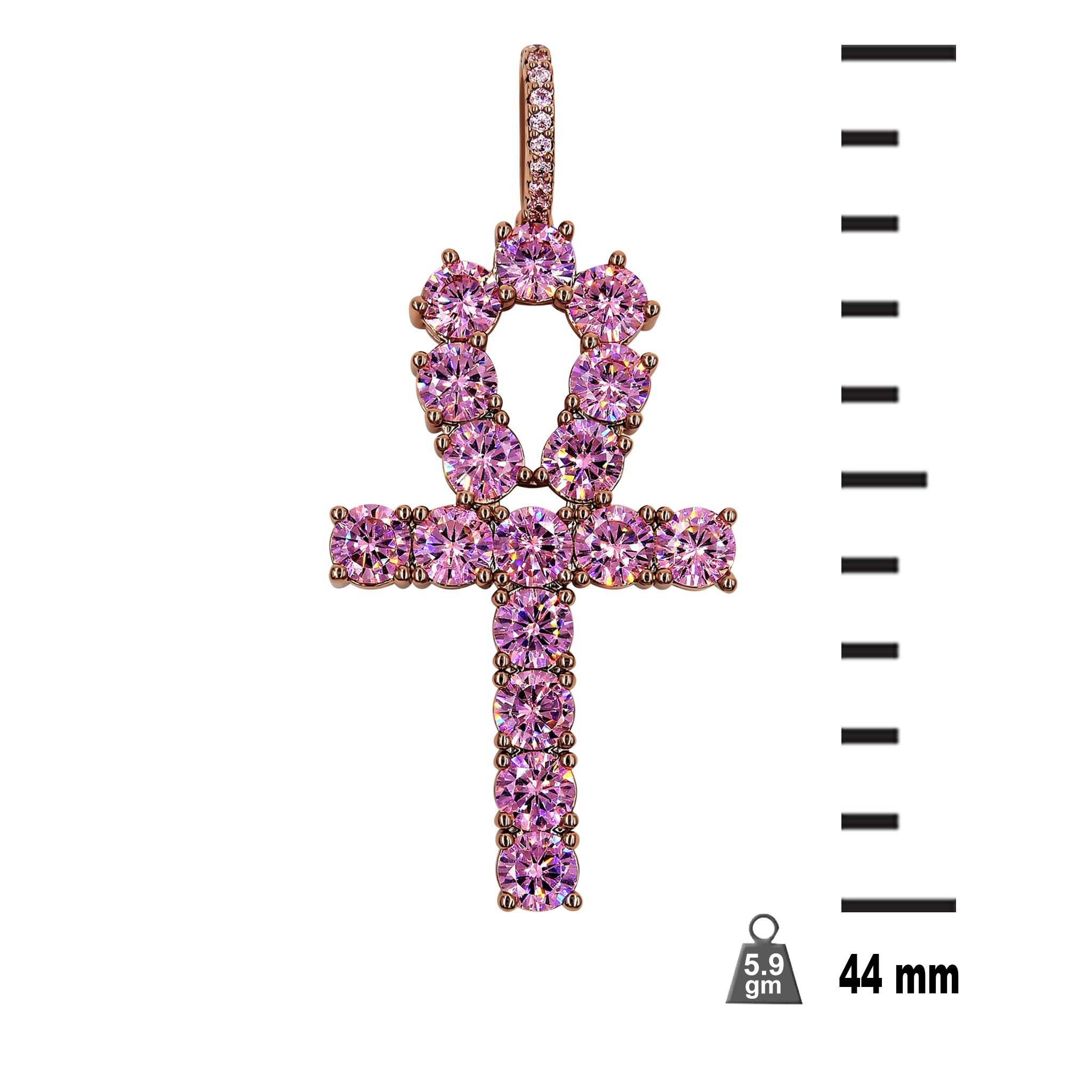 Rose gold ankh pendant featuring a pink stone, symbolizing life and beauty, elegantly designed for stylish wear.