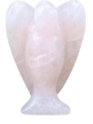 A 2-inch natural rose quartz angel figurine showcasing unique pink hues and textures.