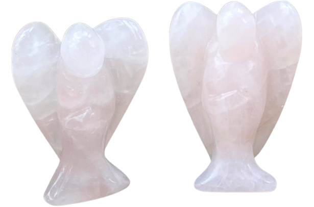 A 2-inch natural rose quartz angel figurine showcasing unique pink hues and textures.