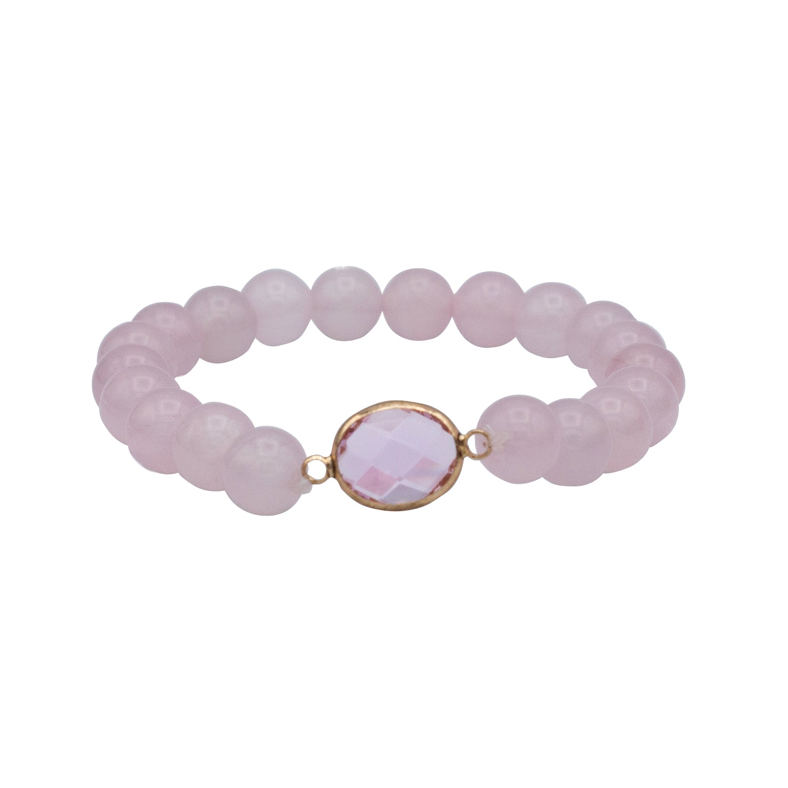 A stylish rose quartz beaded stretch bracelet featuring pink quartz beads and a gold plated brass connector, elegantly displayed.