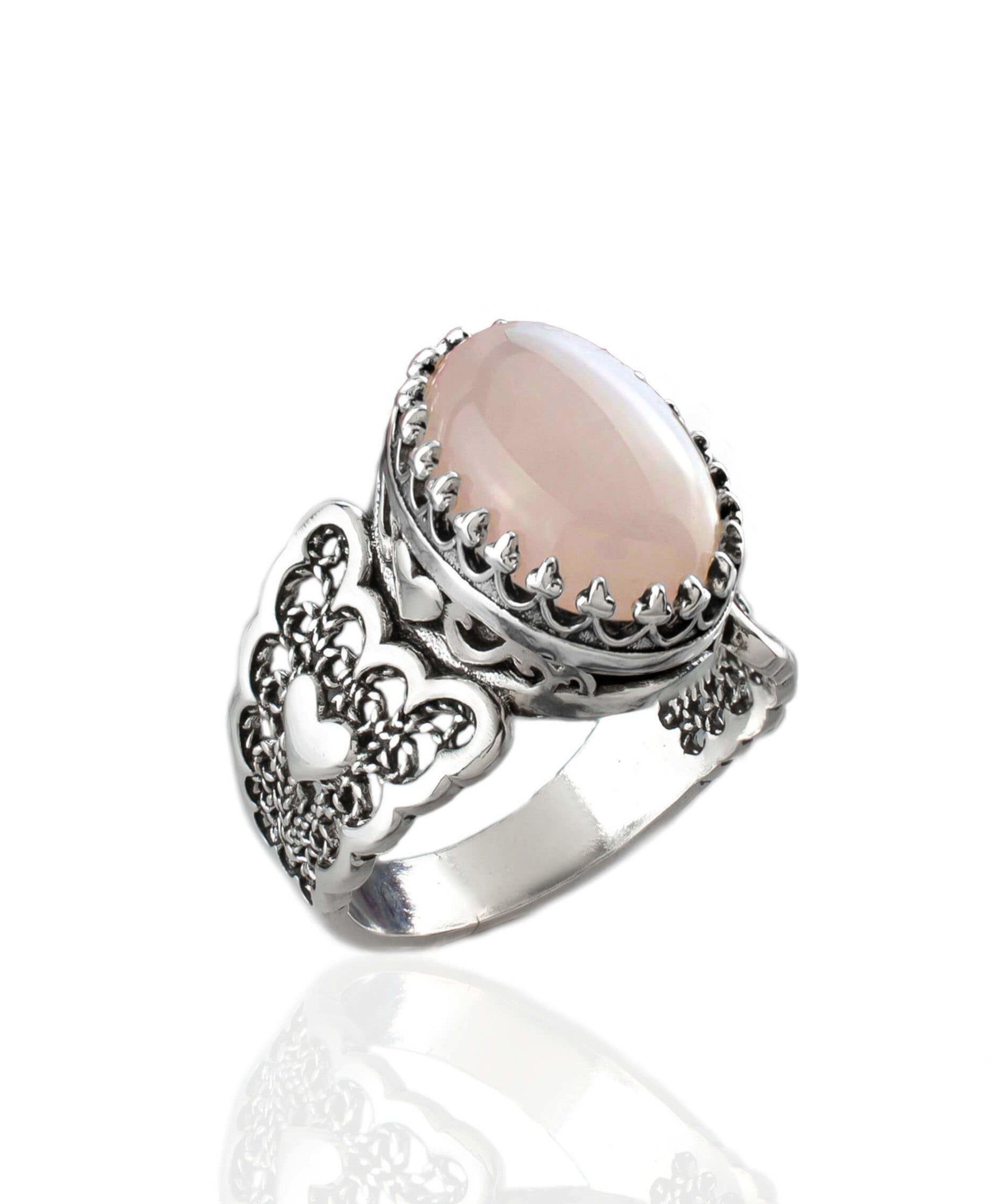 Rose Quartz Gemstone Double Heart Ring in 925 Sterling Silver with intricate filigree design, showcasing a pink cabochon oval cut gemstone.