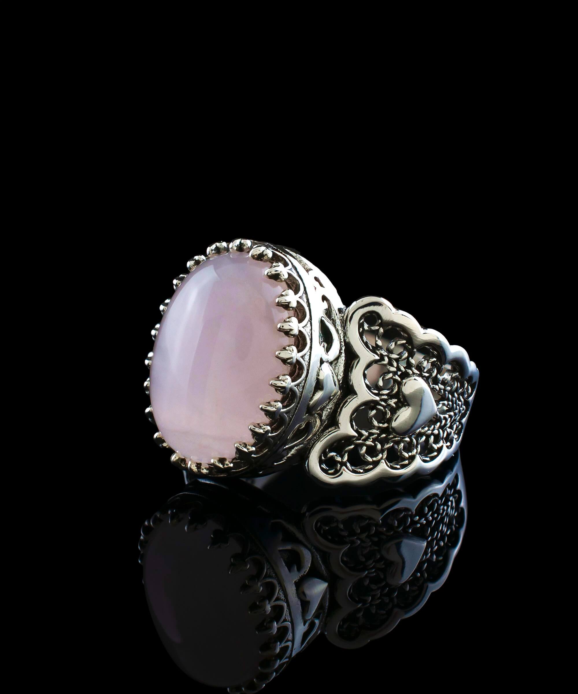 Rose Quartz Gemstone Double Heart Ring in 925 Sterling Silver with intricate filigree design, showcasing a pink cabochon oval cut gemstone.