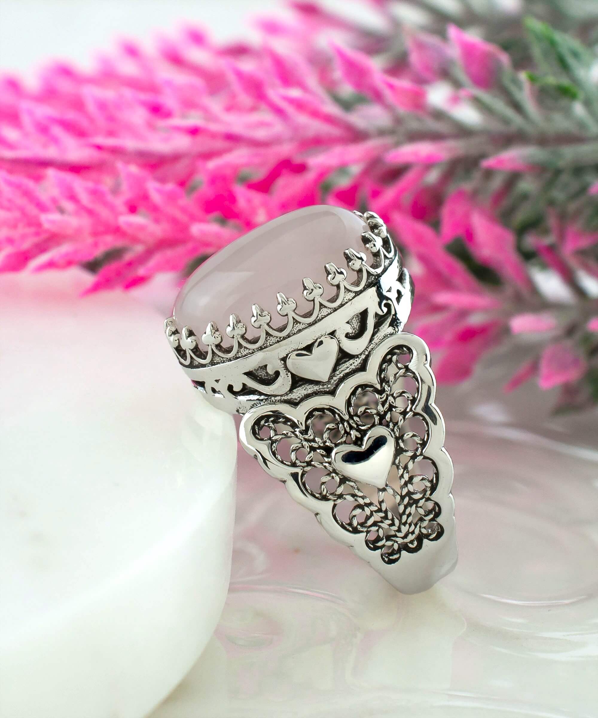 Rose Quartz Gemstone Double Heart Ring in 925 Sterling Silver with intricate filigree design, showcasing a pink cabochon oval cut gemstone.