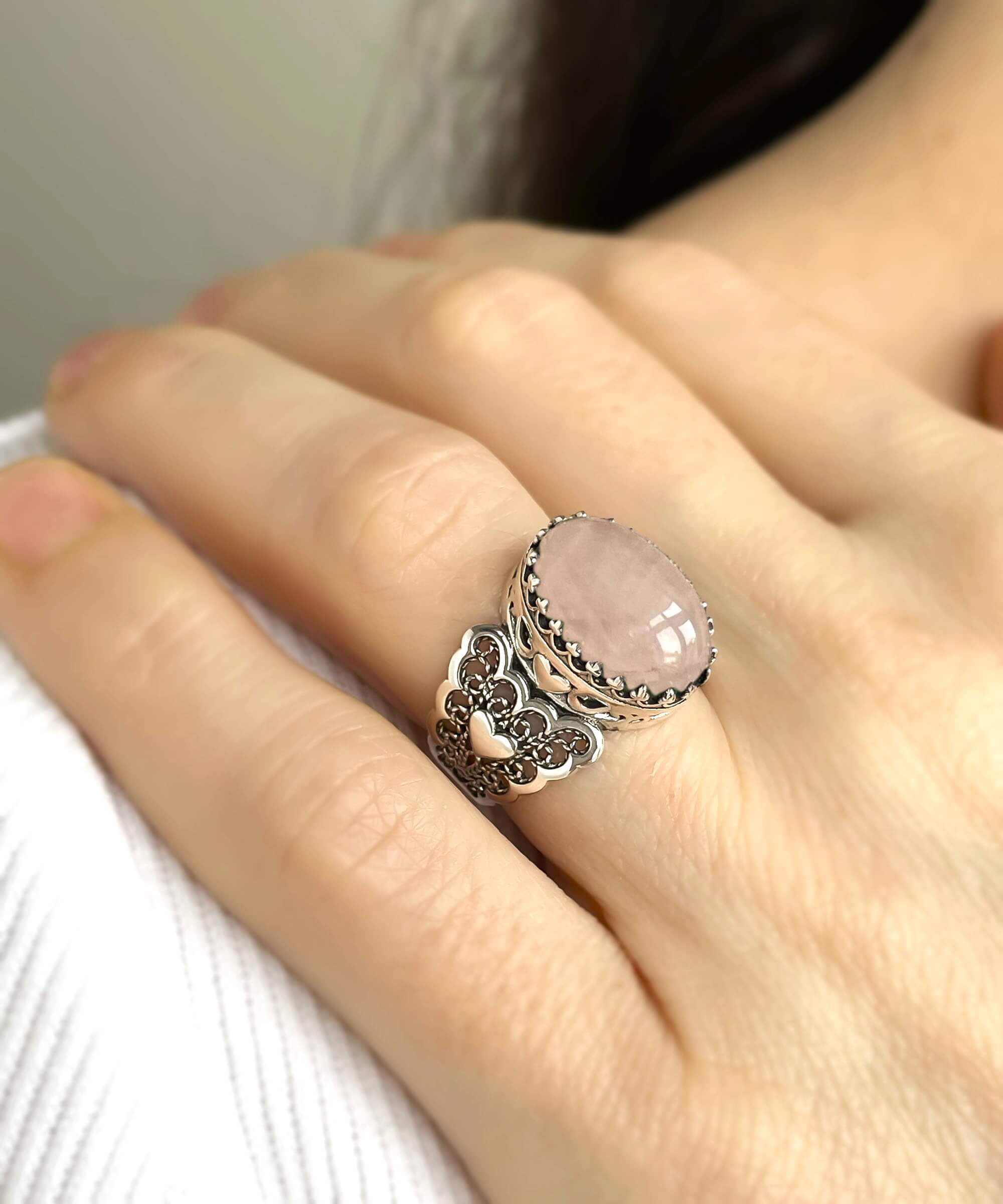 Rose Quartz Gemstone Double Heart Ring in 925 Sterling Silver with intricate filigree design, showcasing a pink cabochon oval cut gemstone.