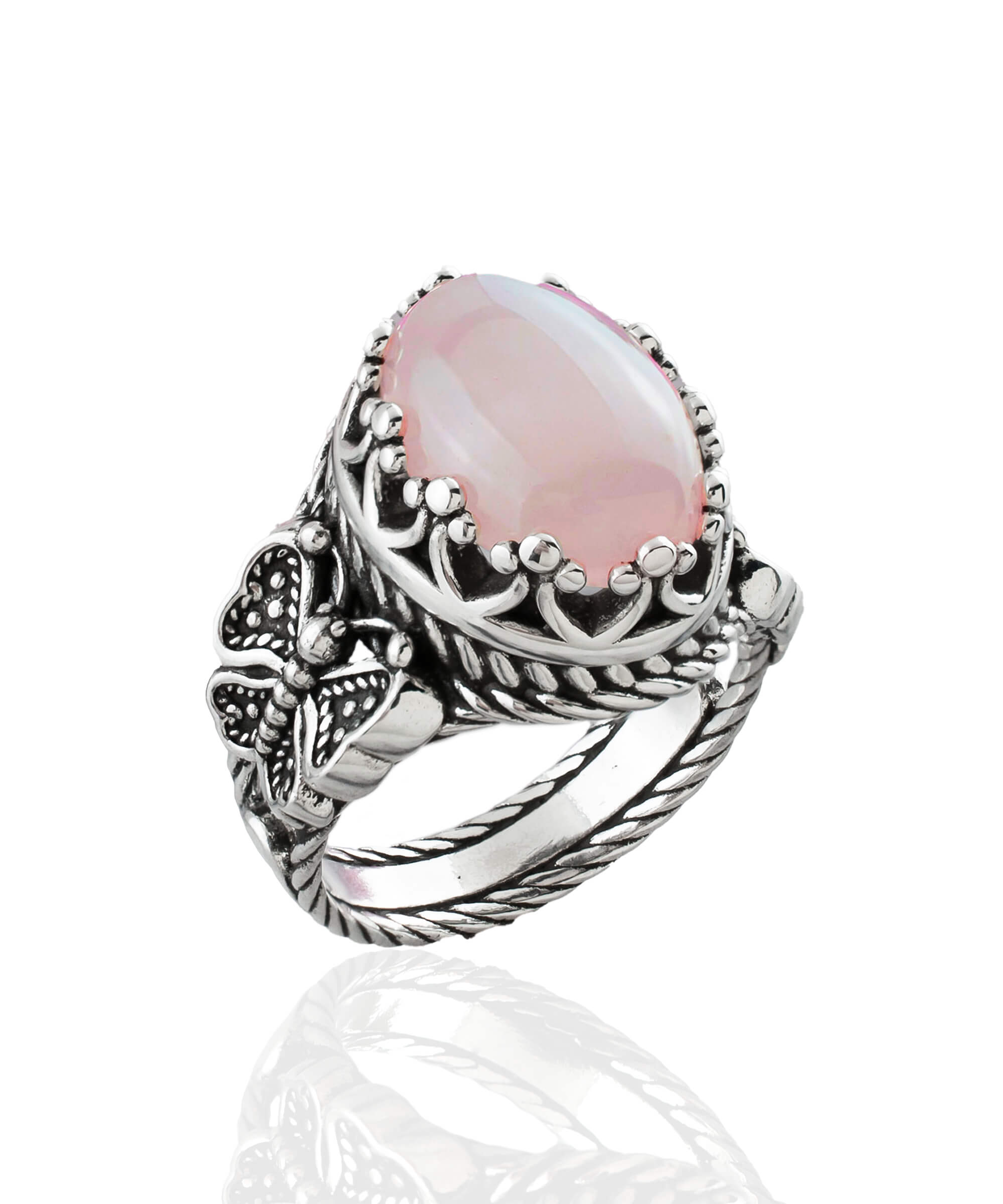 Elegant Rose Quartz Gemstone Filigree Art Double Butterfly Ring in 925 sterling silver with intricate detailing.