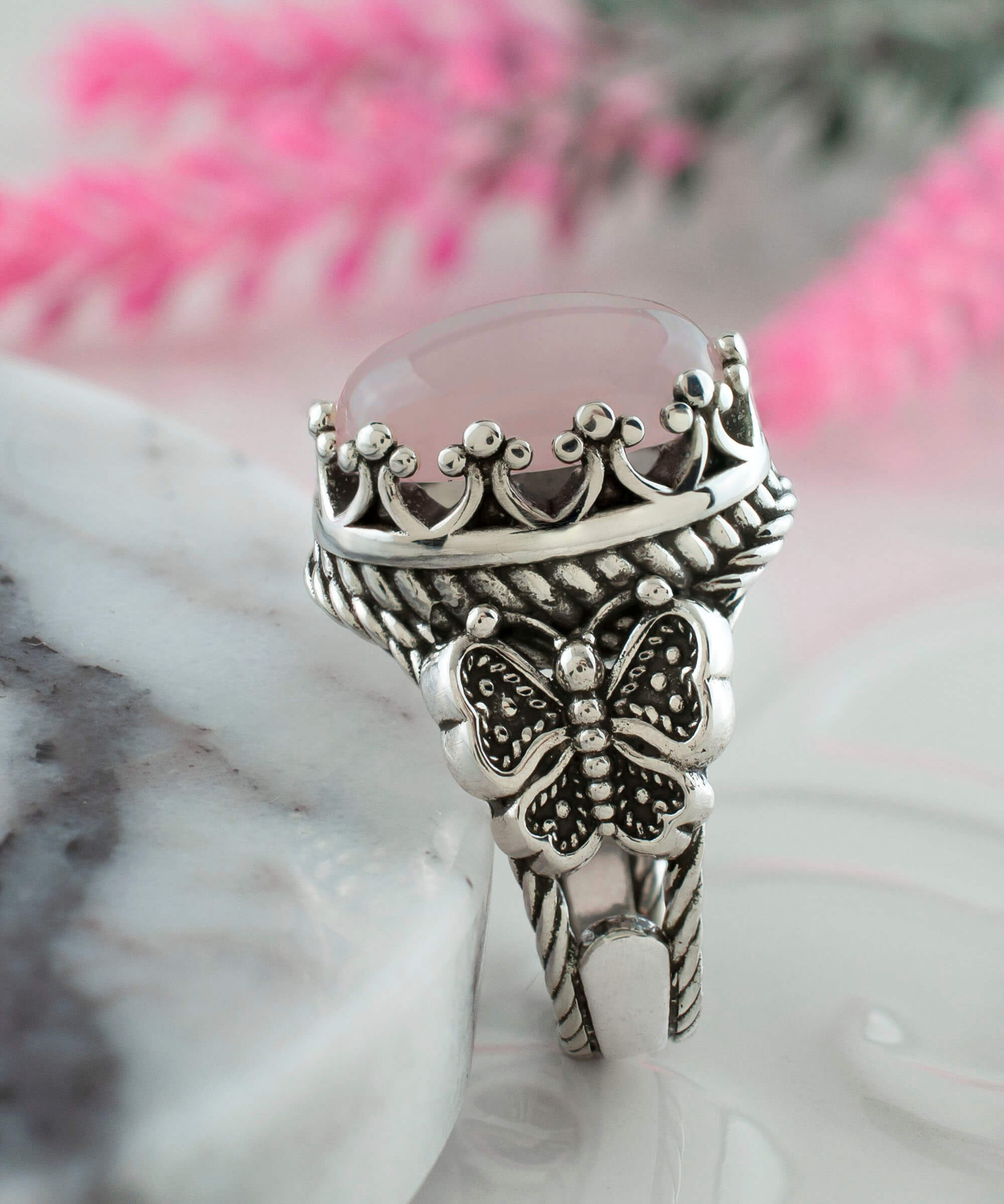 Elegant Rose Quartz Gemstone Filigree Art Double Butterfly Ring in 925 sterling silver with intricate detailing.