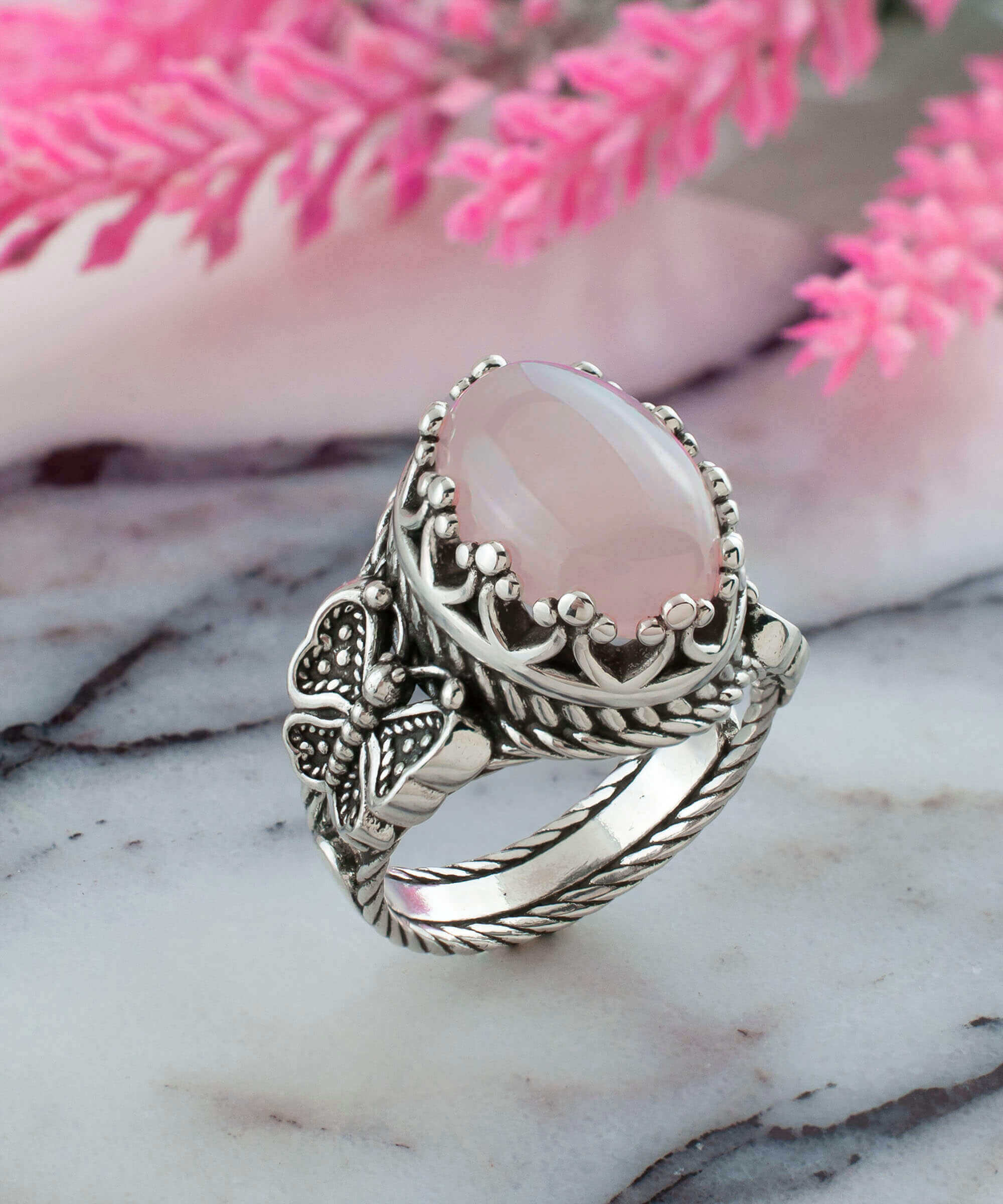 Elegant Rose Quartz Gemstone Filigree Art Double Butterfly Ring in 925 sterling silver with intricate detailing.