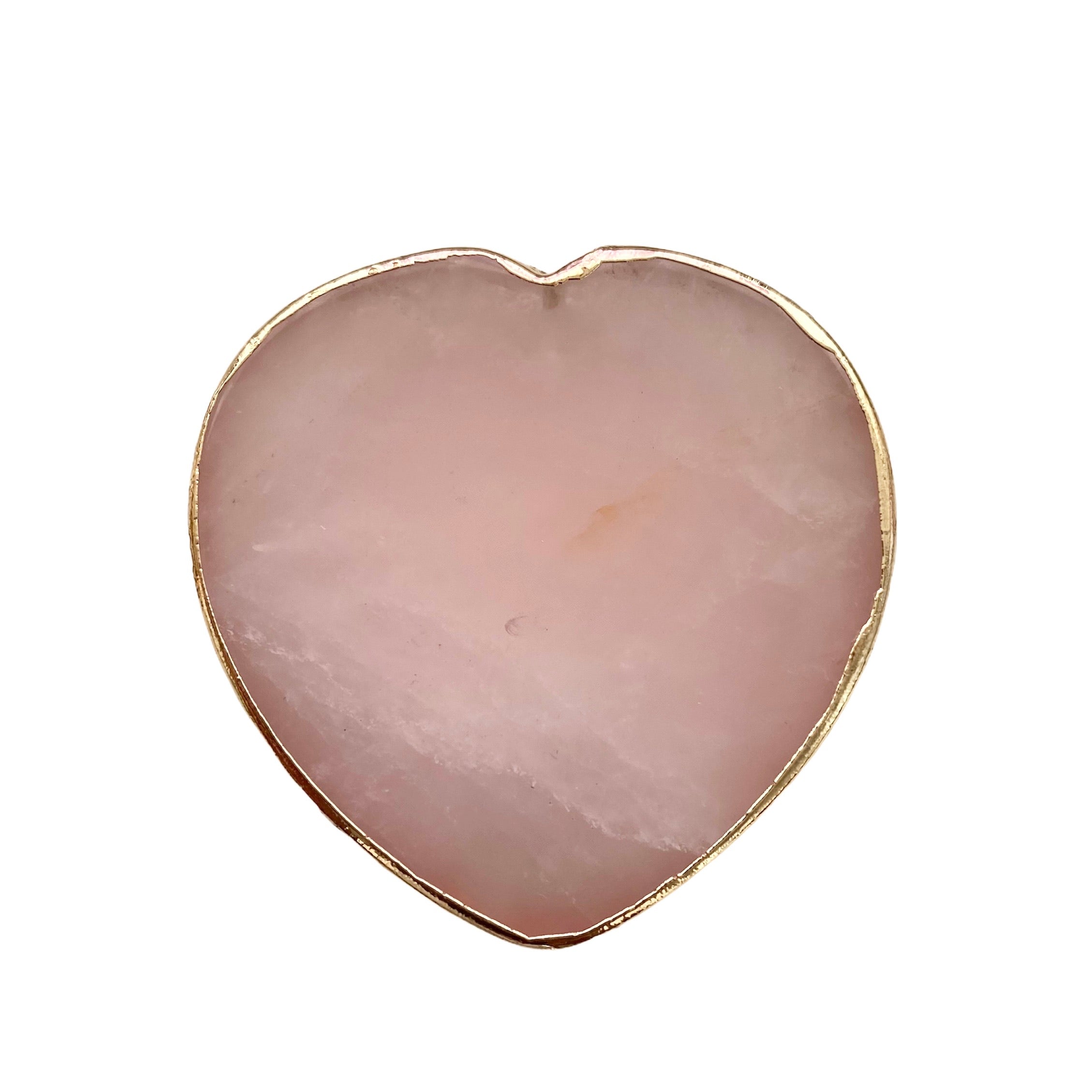 A beautiful Rose Quartz Heart Phone Grip with elegant gold trim, showcasing its unique design and natural stone texture.