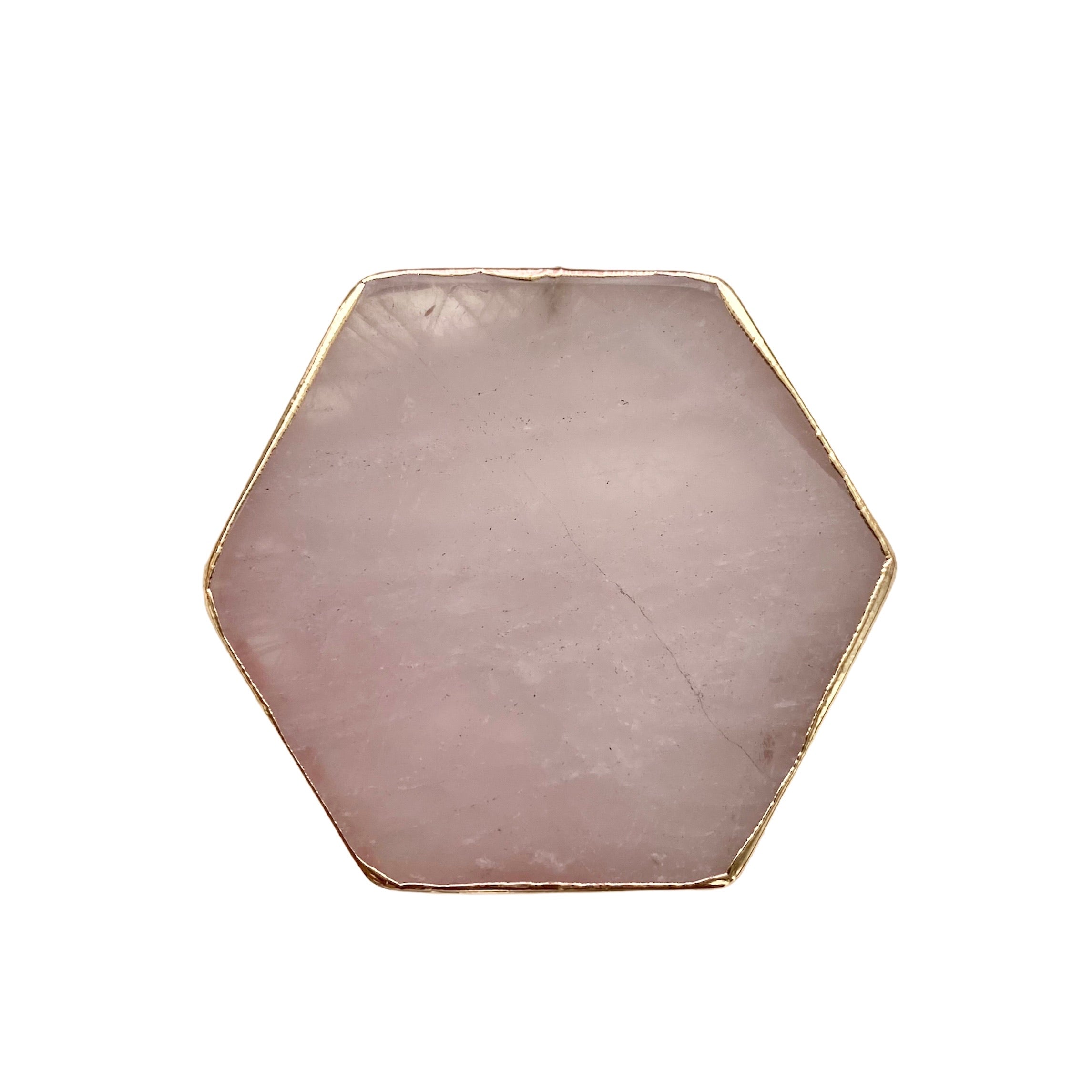 A beautifully crafted Rose Quartz Hex Phone Grip featuring a gold trim, showcasing its unique hexagonal shape and natural stone texture.