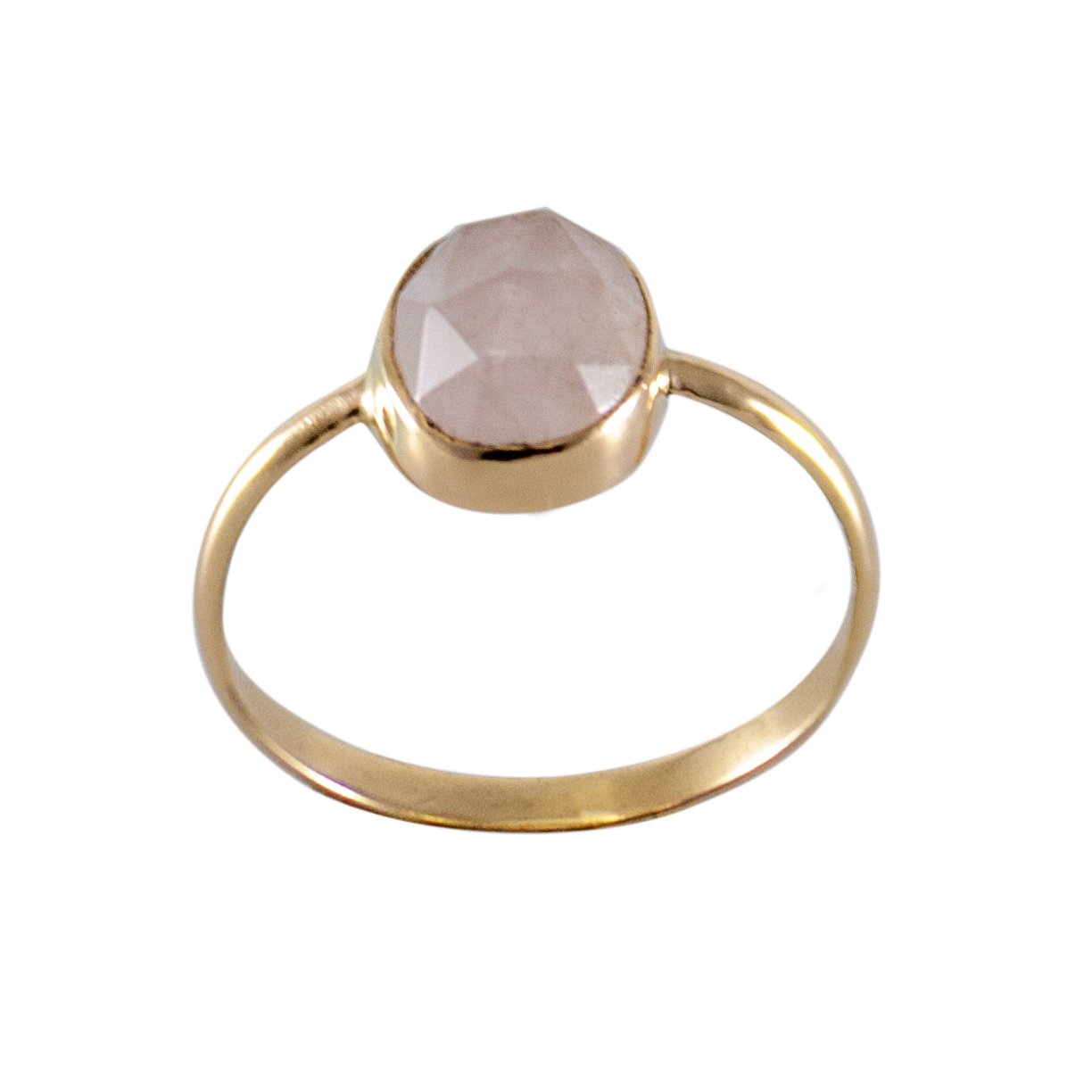 Rose Quartz Oval Open Bezel Ring in 14k Gold Filled, featuring a unique rose cut gemstone set in an elegant open bezel design.