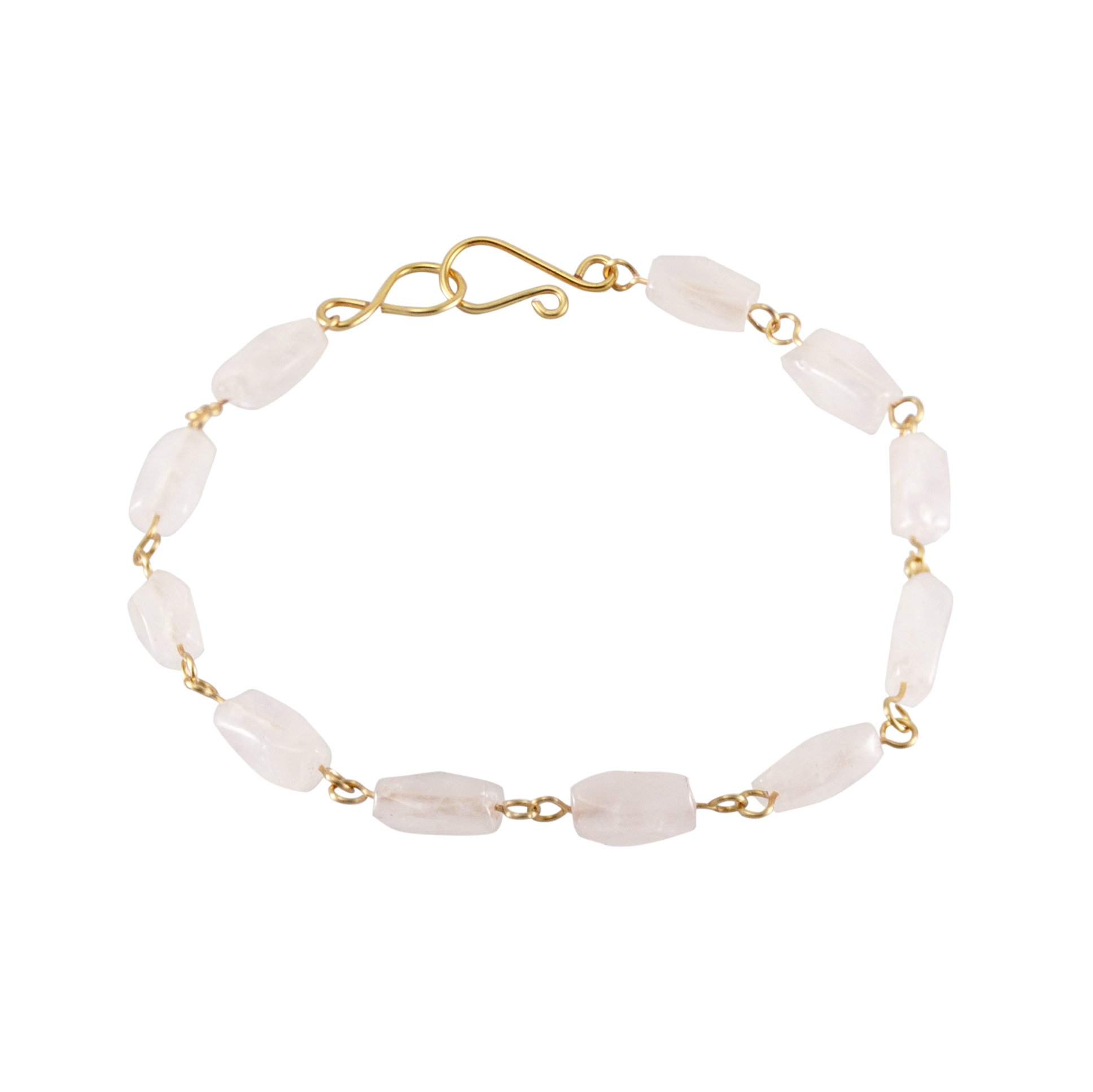 Elegant Rose Quartz Rectangular Gold Link Bracelet featuring soft pink gemstones and silver-plated copper links.