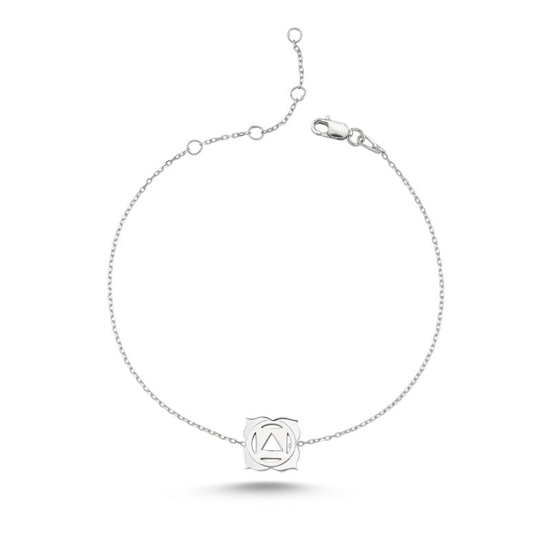 Handmade Root Chakra Silver Bracelet with 18K rose gold or rhodium plating, featuring a delicate charm and adjustable chain.