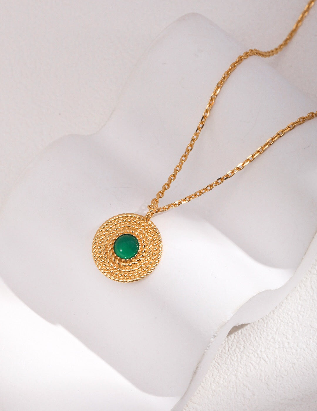 A beautifully handcrafted Round Chalcedony Gemstone Necklace featuring a gold vermeil pendant and adjustable chain.