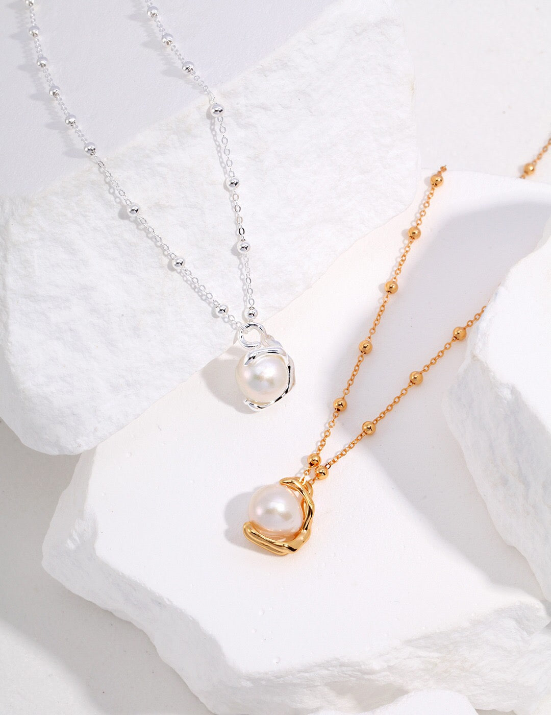 A stunning Round Freshwater Baroque Pearl Necklace featuring natural pearls and gold vermeil, elegantly displayed on a soft background.