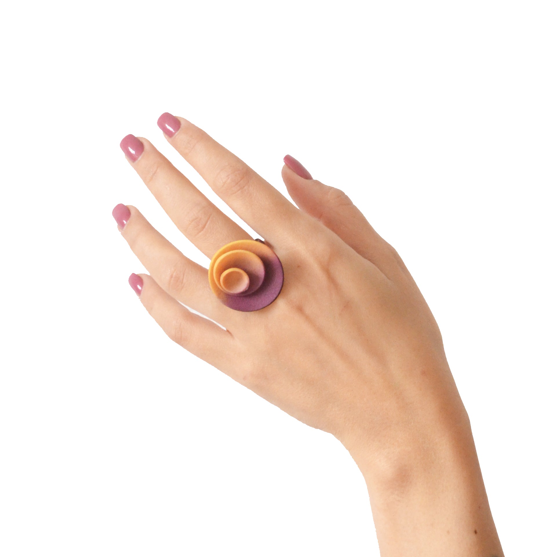 Colorful Round Ring from the Vertigo Collection featuring concentric shapes and a smooth matte finish, made from lightweight 3D printed nylon.