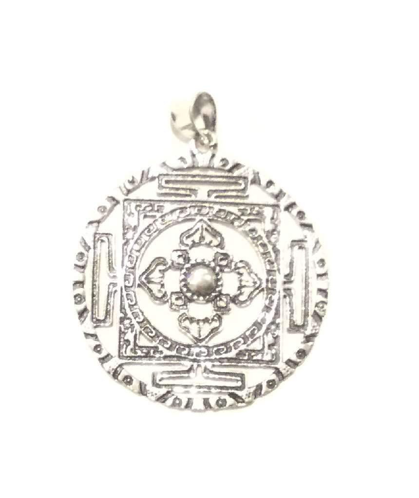 Round Simple Flower Pendant featuring intricate carved etched design in brass and silver plating, perfect for festivals and daily wear.