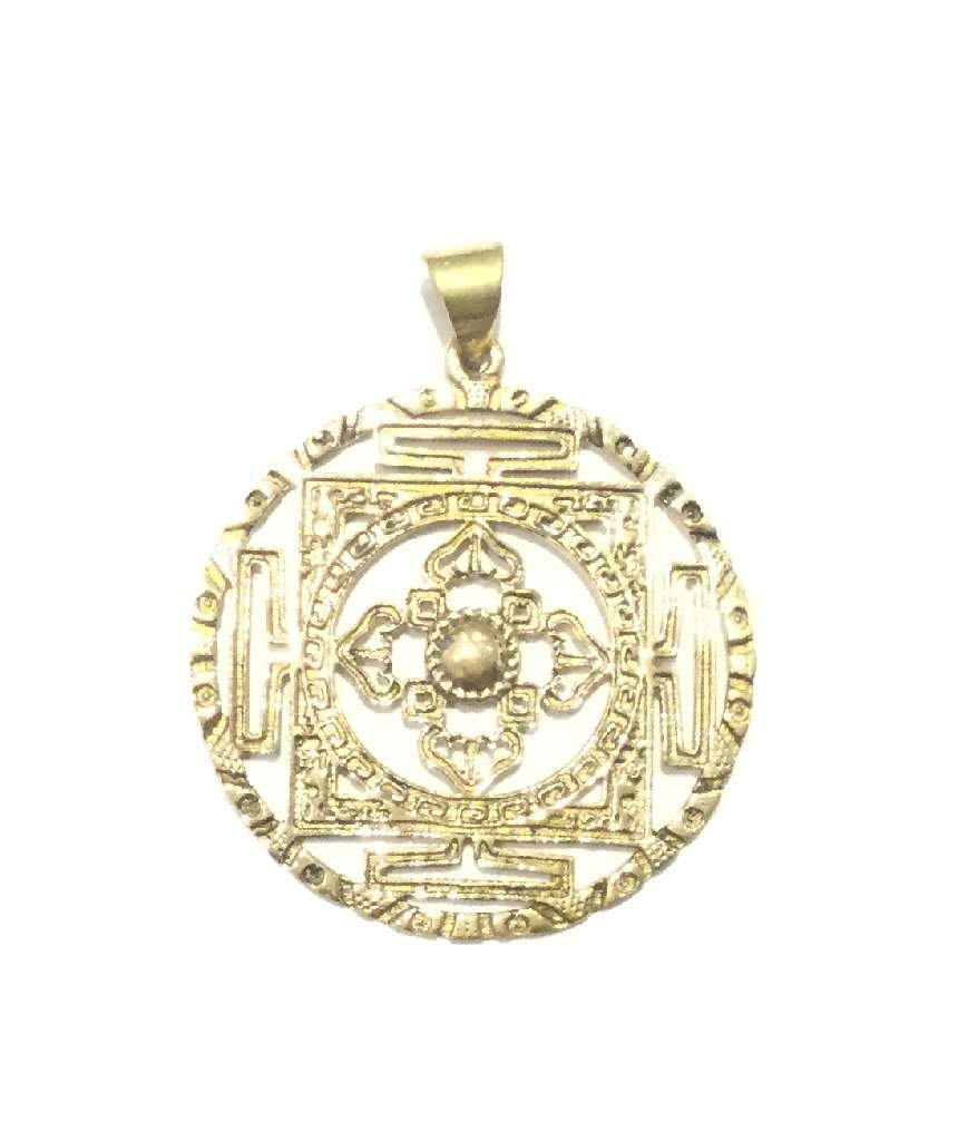 Round Simple Flower Pendant featuring intricate carved etched design in brass and silver plating, perfect for festivals and daily wear.