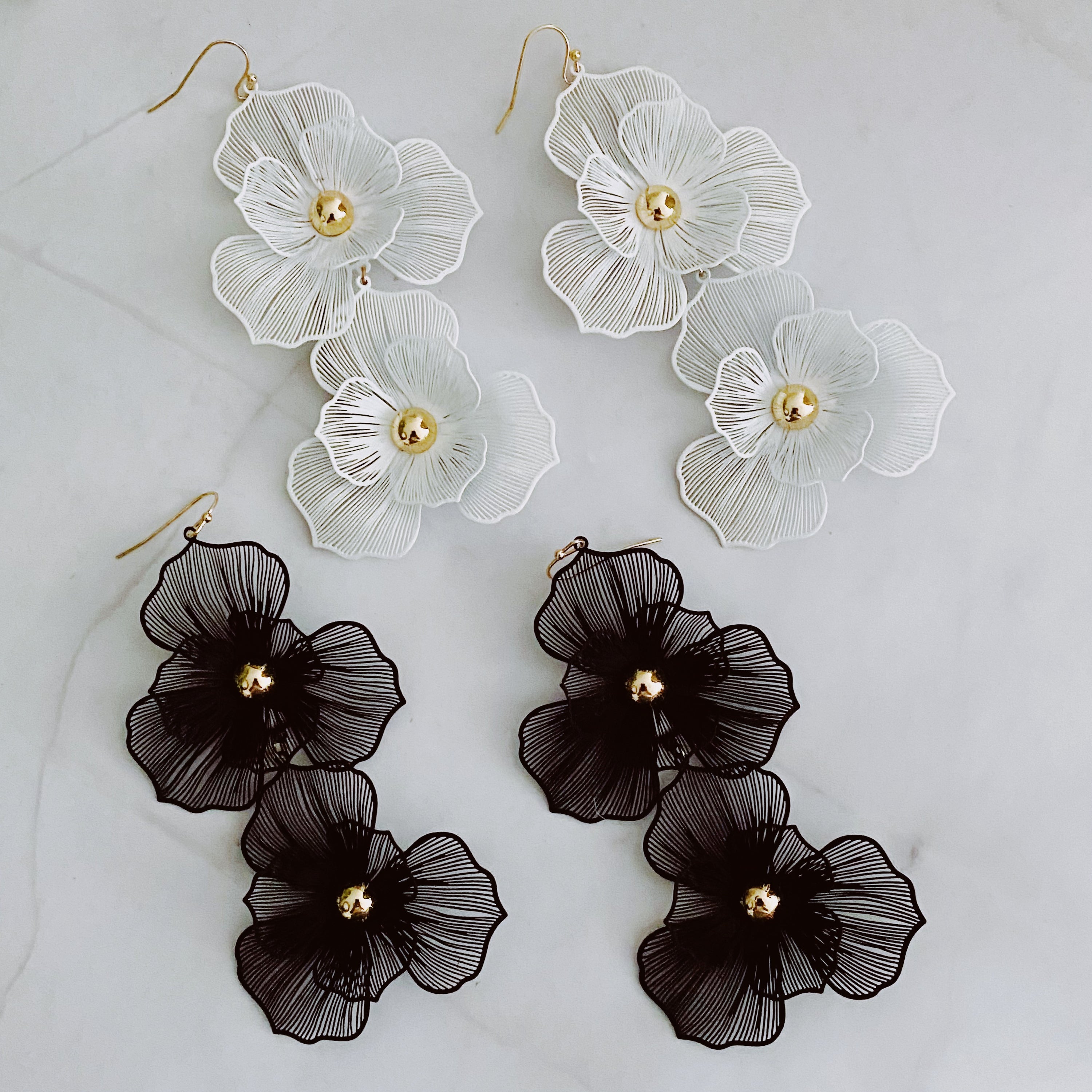 Elegant Royal Garden Double Bloom Earrings featuring two filigree flowers with a gold plated finish, perfect for special occasions.