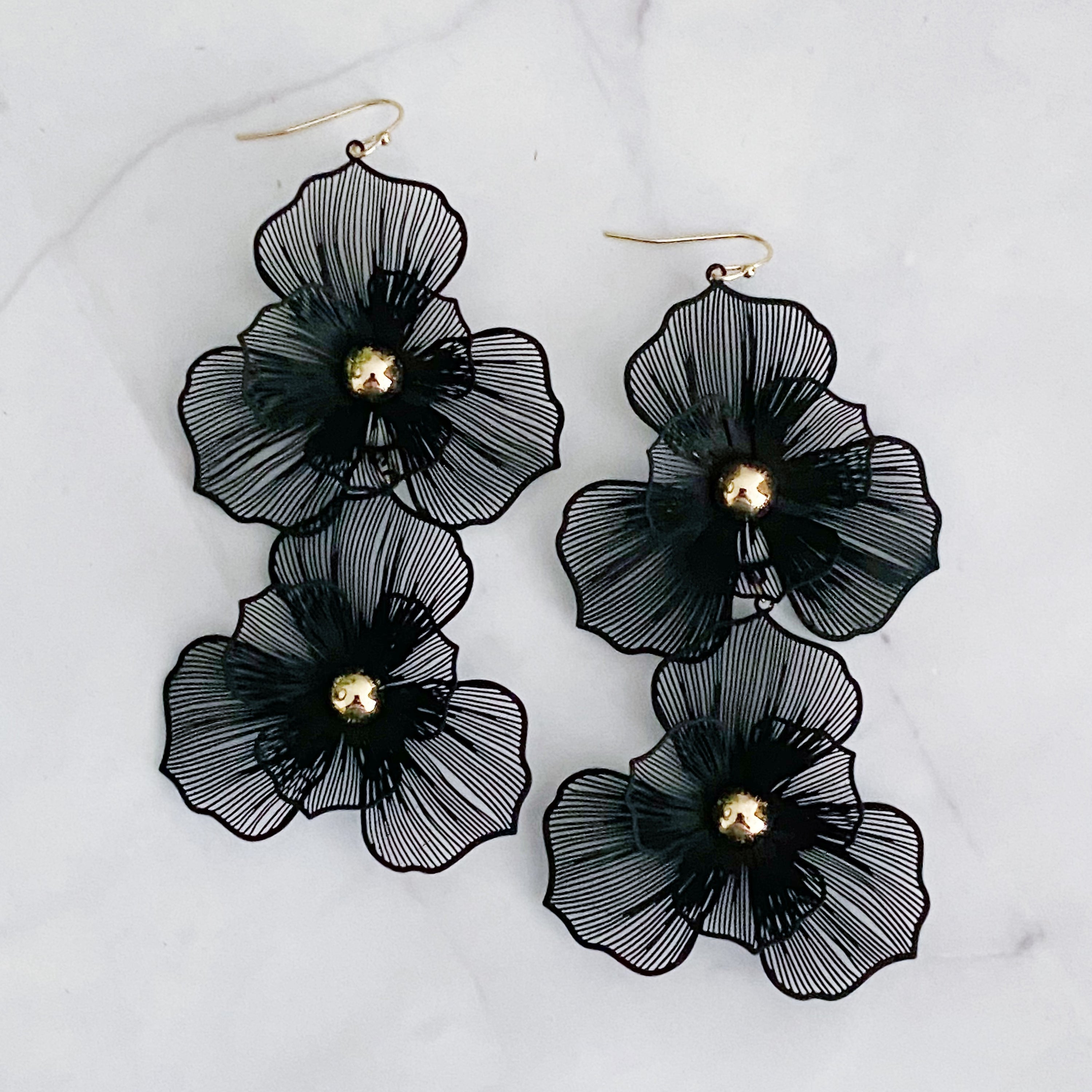 Elegant Royal Garden Double Bloom Earrings featuring two filigree flowers with a gold plated finish, perfect for special occasions.