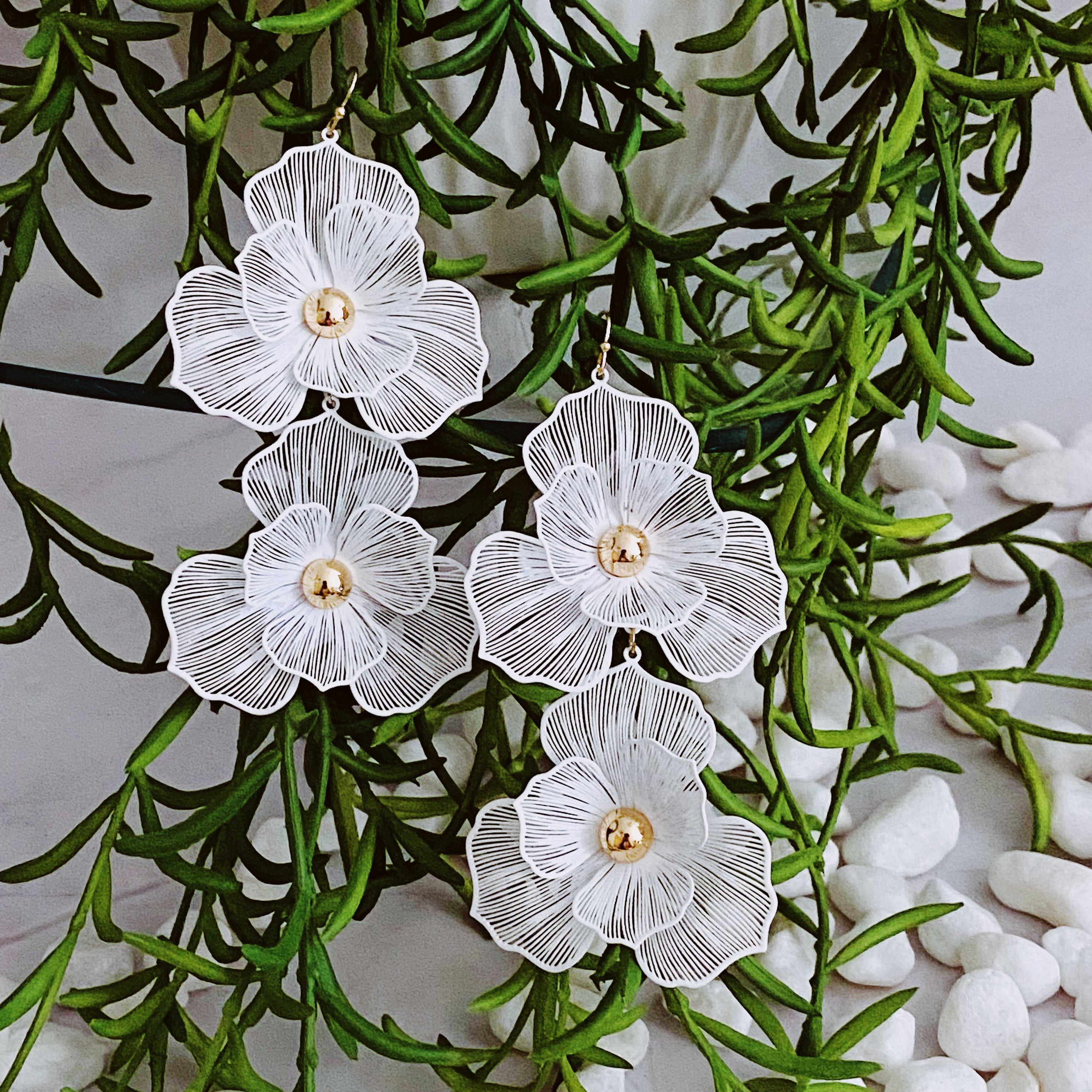 Elegant Royal Garden Double Bloom Earrings featuring two filigree flowers with a gold plated finish, perfect for special occasions.