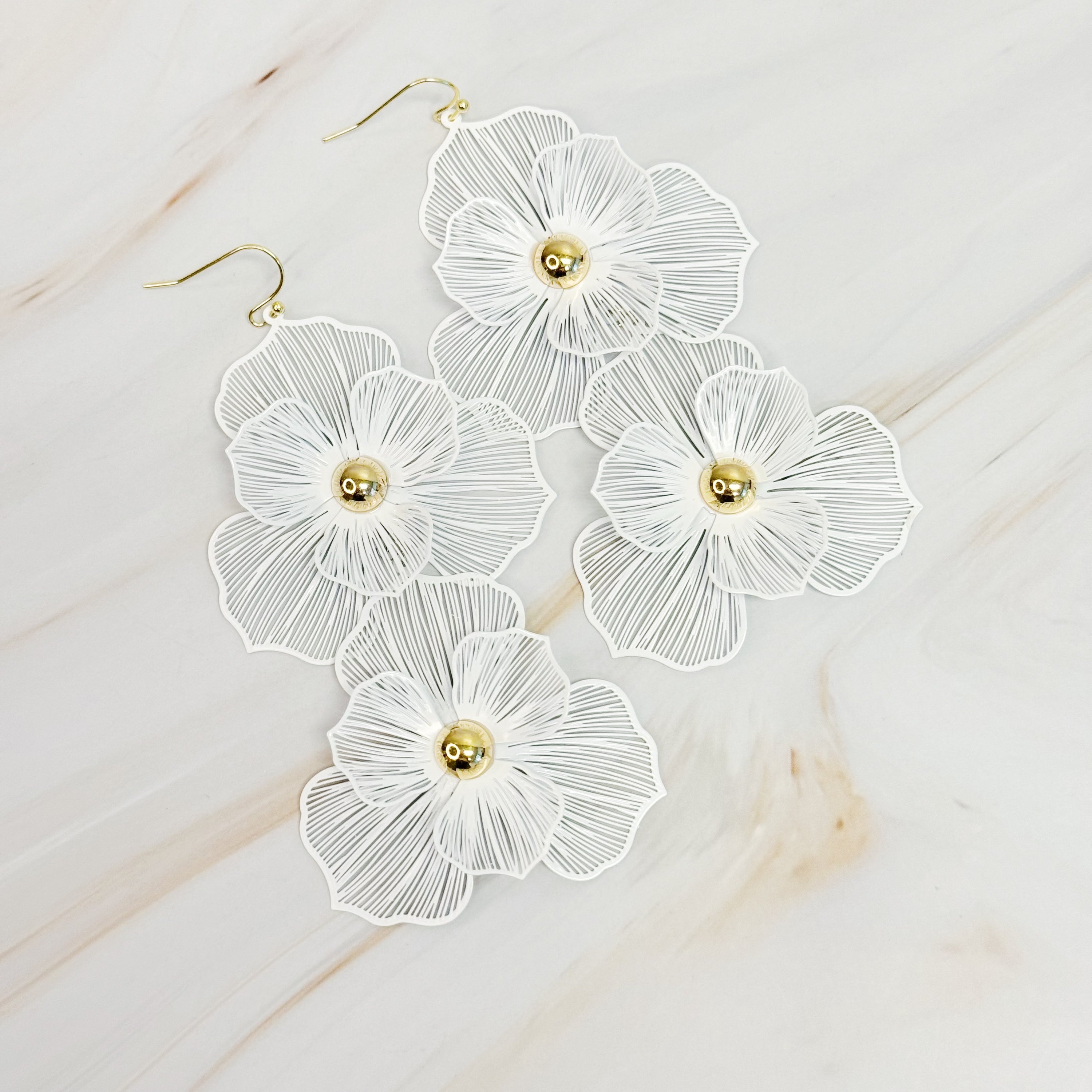 Elegant Royal Garden Double Bloom Earrings featuring two filigree flowers with a gold plated finish, perfect for special occasions.