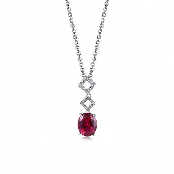 Elegant ruby necklace made of 925 sterling silver with white gold surface and white sapphire stone, showcasing its luxurious design.