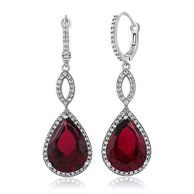 Elegant Ruby Pave Teardrop Infinity Drop earrings embellished with certified crystals, crafted in 18K white gold, showcasing a luxurious design.