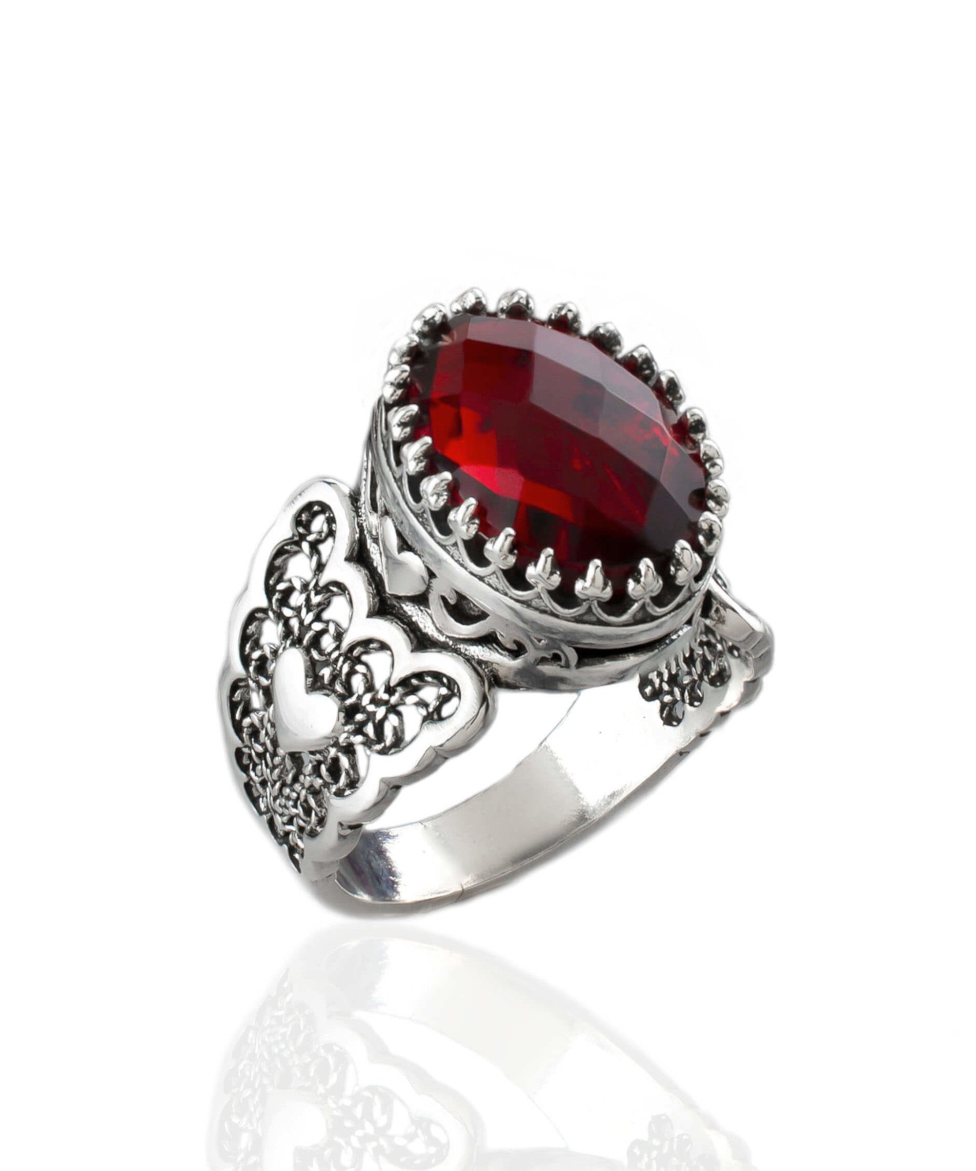 Ruby Quartz Gemstone Double Heart Filigree Art Ring in 925 Sterling Silver, showcasing intricate design and vibrant gemstone.