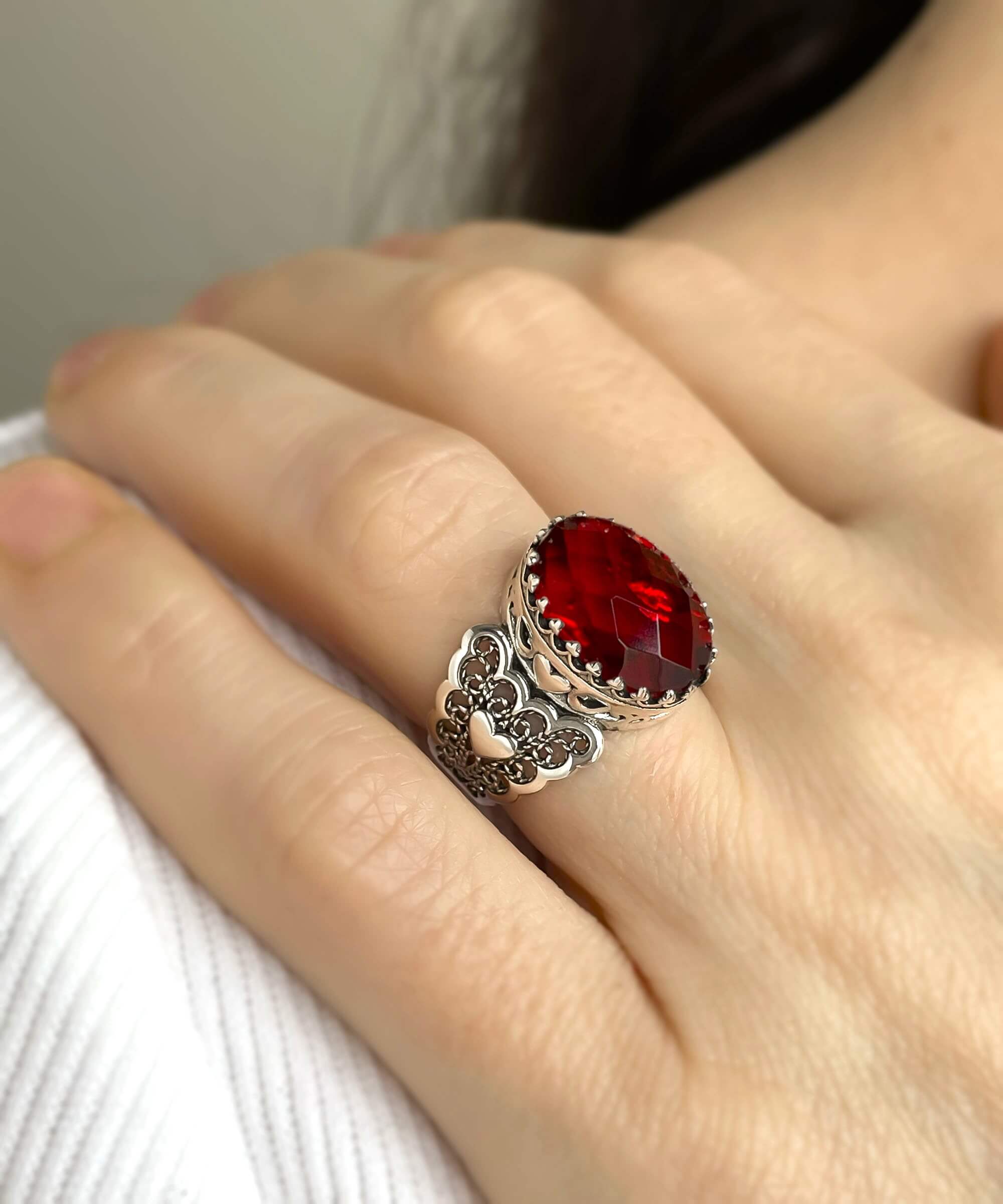 Ruby Quartz Gemstone Double Heart Filigree Art Ring in 925 Sterling Silver, showcasing intricate design and vibrant gemstone.