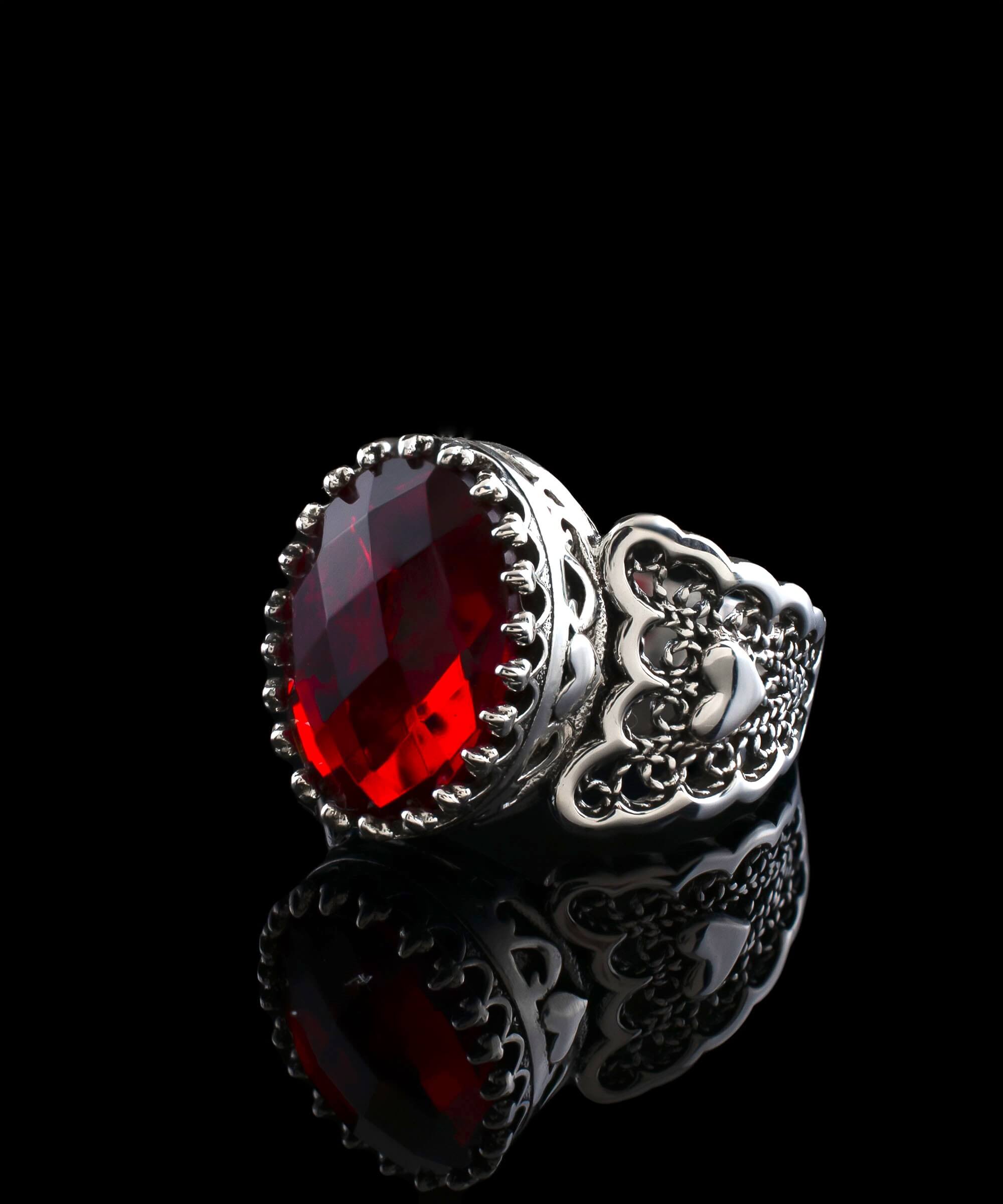 Ruby Quartz Gemstone Double Heart Filigree Art Ring in 925 Sterling Silver, showcasing intricate design and vibrant gemstone.