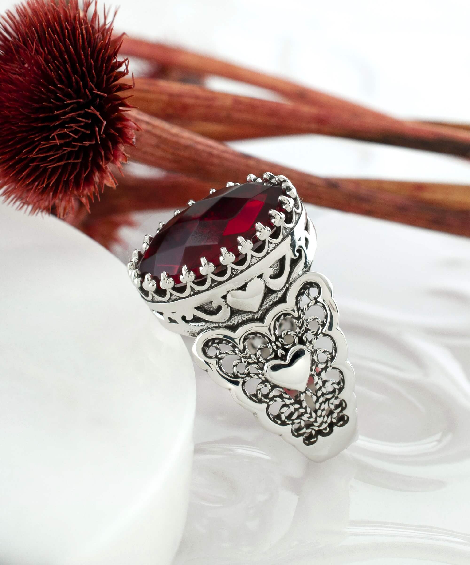 Ruby Quartz Gemstone Double Heart Filigree Art Ring in 925 Sterling Silver, showcasing intricate design and vibrant gemstone.