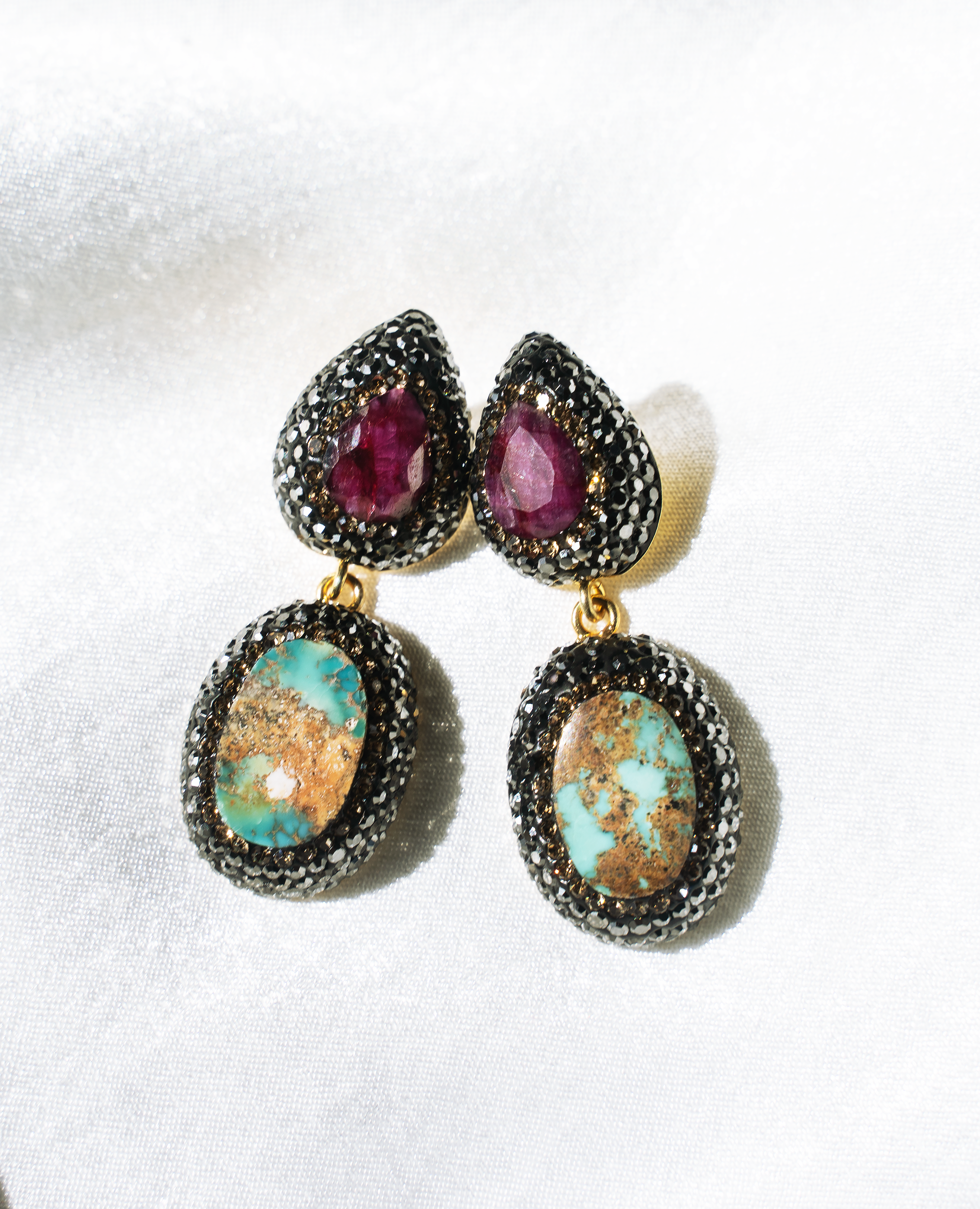 Elegant RUBY & TURQUOISE Drop Earrings made of 925 Sterling Silver with yellow gold plating, showcasing vibrant ruby and turquoise stones.