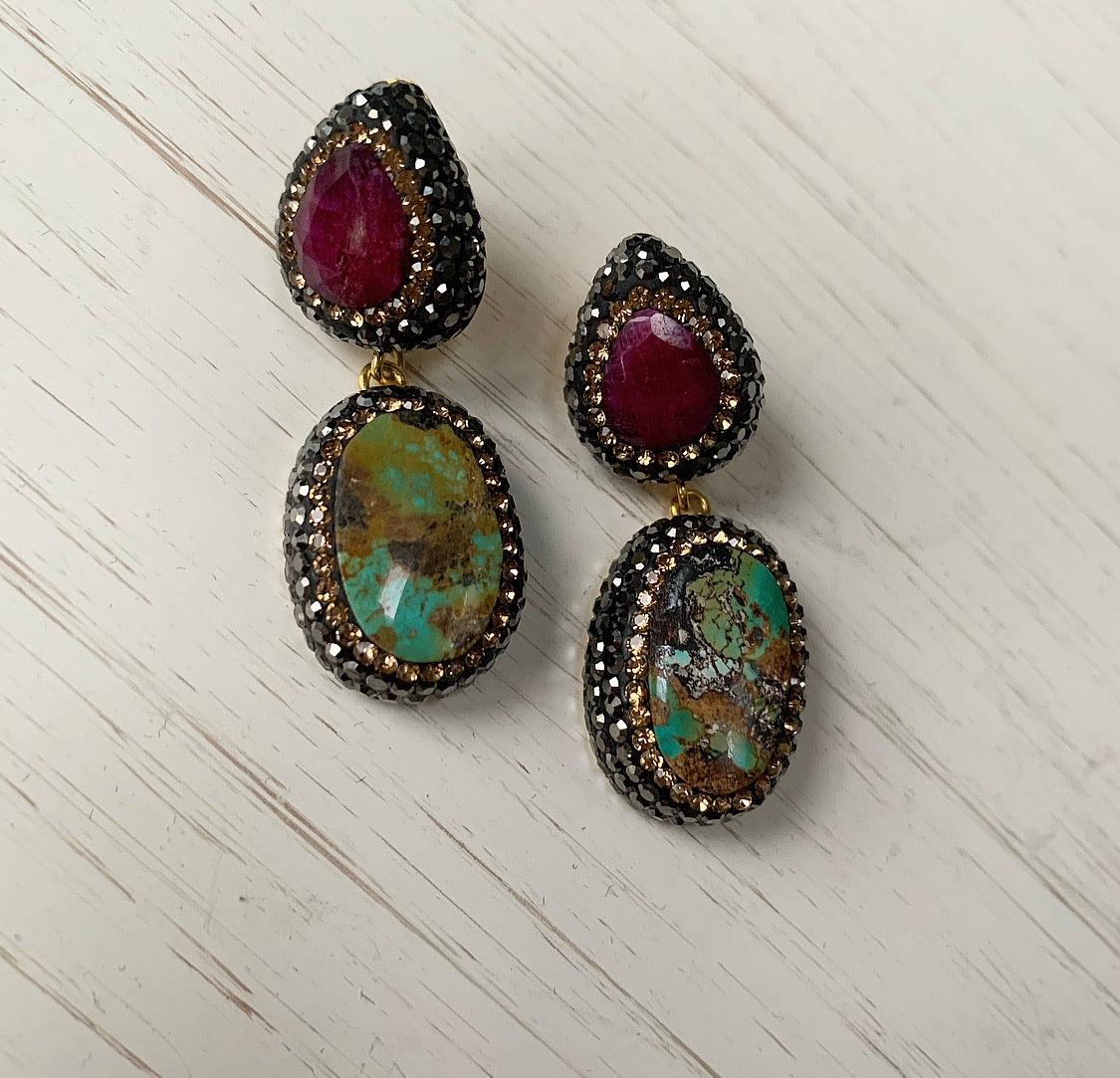 Elegant RUBY & TURQUOISE Drop Earrings made of 925 Sterling Silver with yellow gold plating, showcasing vibrant ruby and turquoise stones.