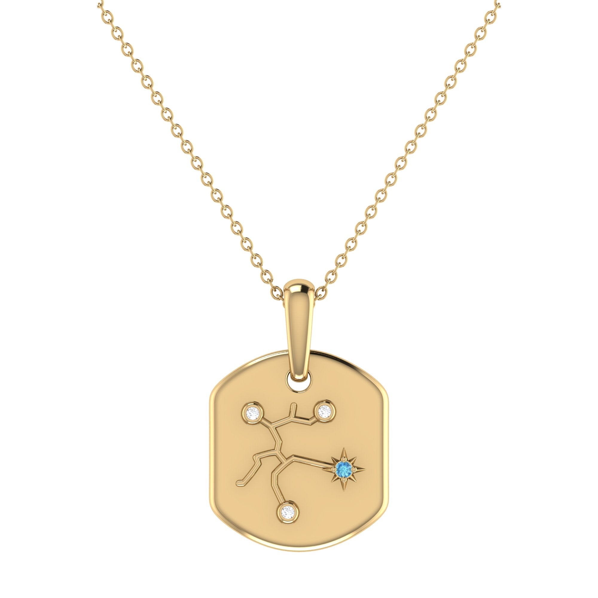 Sagittarius Archer Blue Topaz & Diamond Constellation Tag Pendant Necklace in 14K yellow gold with an 18-inch adjustable chain.